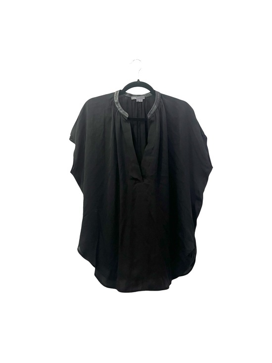 Vince Tops - VINCE Luxury Black Silk Leather Trim Split-Neck Short Sleeve Blouse M